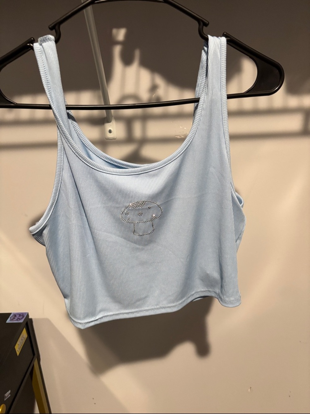 Light Blue Ribbed Cropped Tank Top with Rhinestone Mushroom Motif